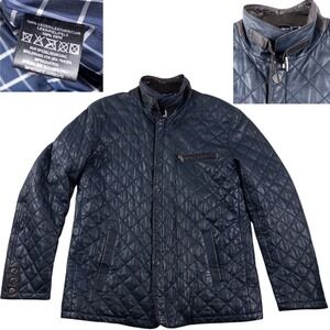 Henig Furs Quilted Leather Jacket Mens XXL Navy‎ Blue Brown Germany Moto Preppy